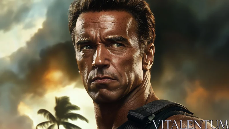 Storm-lit action hero gazes ahead with intense resolve