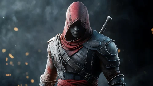 Photorealistic hooded rogue in cinematic armor lighting.