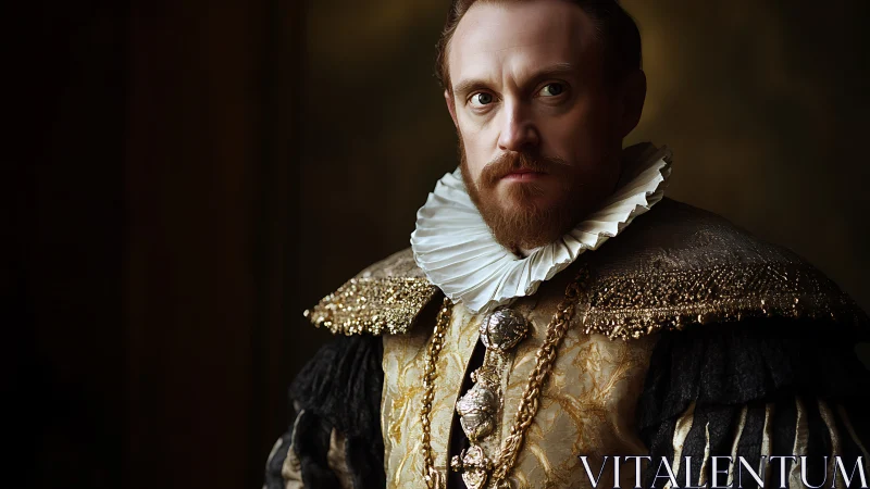 Regal portrait of a thoughtful noble in golden finery.