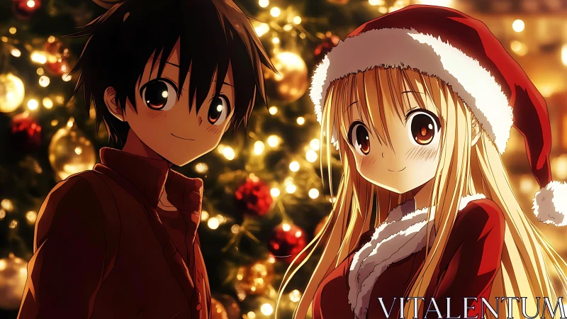 Two anime characters stand before illuminated Christmas tree