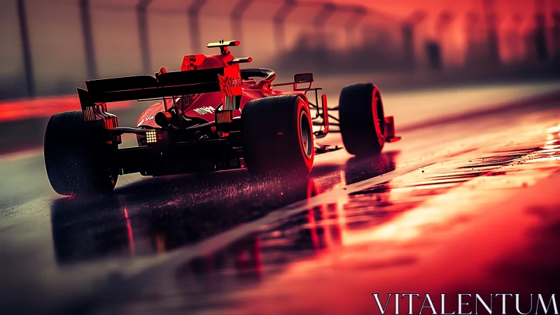 Red formula racer accelerates across wet sunset circuit.