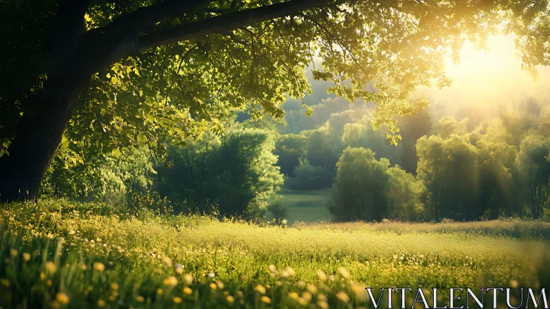Sunlit meadow refuge beneath a softly sheltering tree.