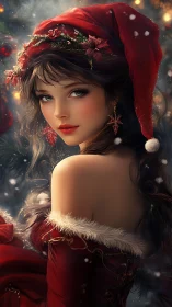 Holiday portrait of festive woman in red velvet Santa attire