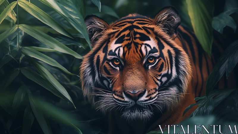 Tiger stares forward while framed tightly by dense foliage