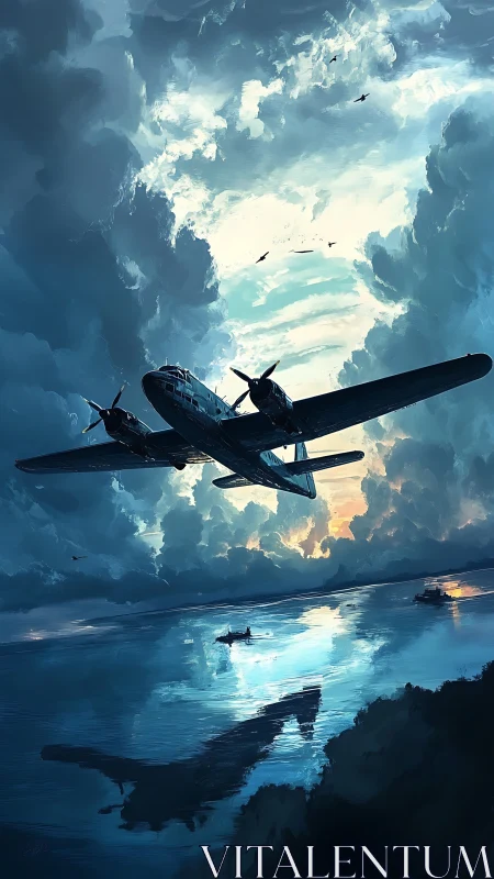 Stormlit propeller aircraft over reflective ocean at dusk.