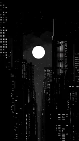 Monochrome city skyline with full moon above dense towers.