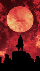 Silhouetted warrior under burning red moon above cityscape.