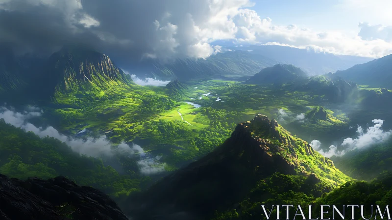 Sunlit emerald valley beneath towering stormlit peaks.