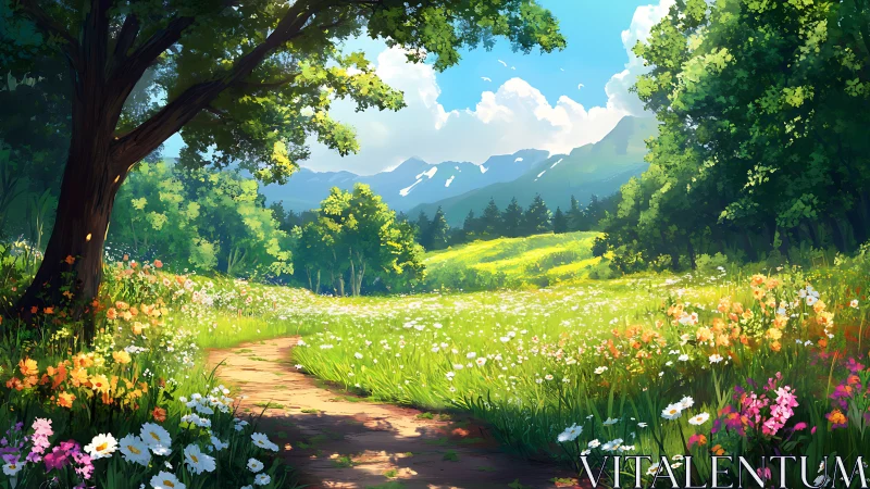 Sunlit wildflower meadow path beneath distant mountains.