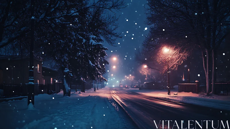 Snowfall softens a quiet city street under blue night light