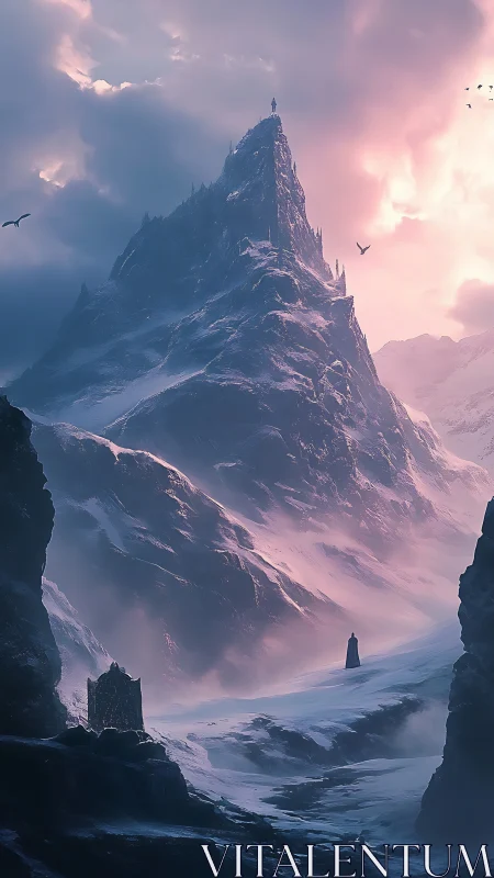 Solitary figures in snowy mountain pass at dusk light.