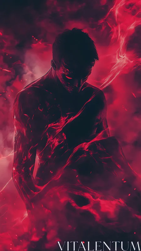 Silhouetted figure dissolves into red swirling energy cloud