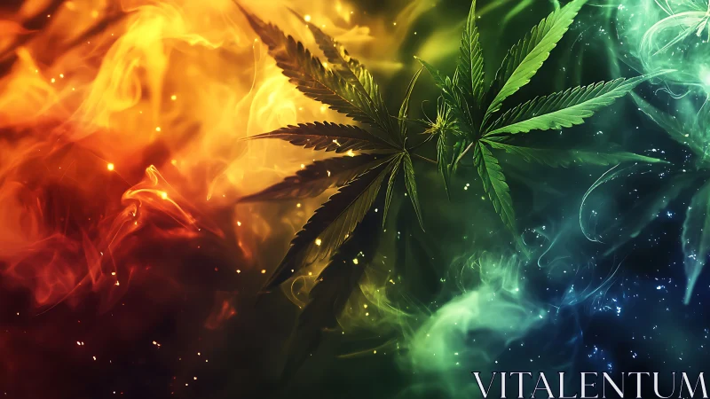 Spectral cannabis foliage suspended in tri-chromatic vapor field.