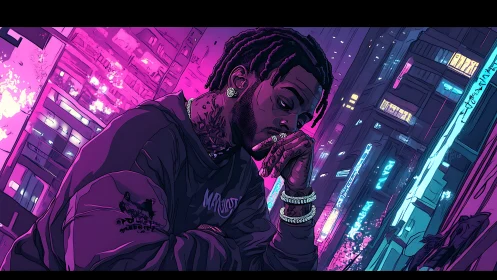 Pensive man in neon cityscape with purple cyberpunk glow.