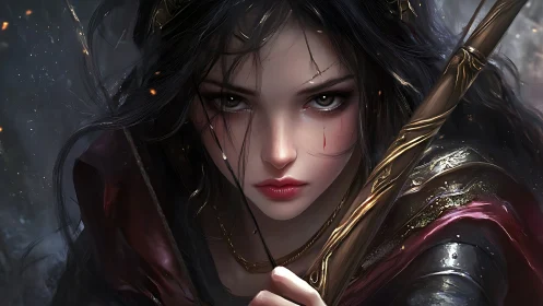 Storm-eyed blade maiden poised in emberlit resolve.