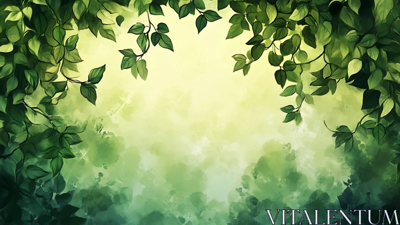 Green leafy canopy framing soft abstract light background.