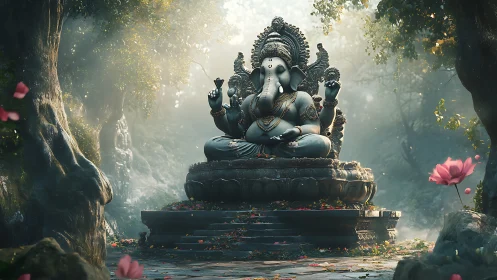 Elephant-headed deity statue in serene forest clearing.