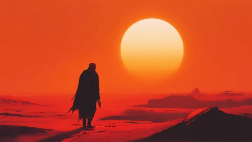 Solitary cloaked wanderer crosses high-saturation desert at sunset