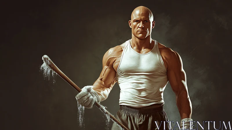 Muscular cleaner with mop in hyper-realistic studio light.
