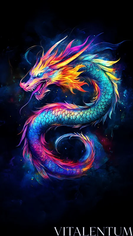 Coiled multicolored dragon rendered against dark void background