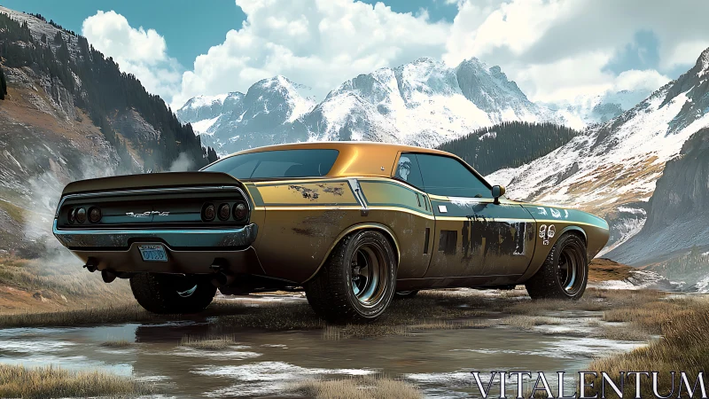 Vintage muscle car on wet alpine plateau in early spring.