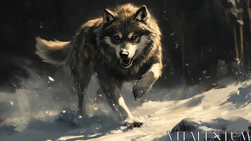 Snow-slashed twilight trembles as the lone wolf charges forward