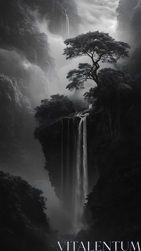 Monochrome vertical landscape with tall waterfall and tree.