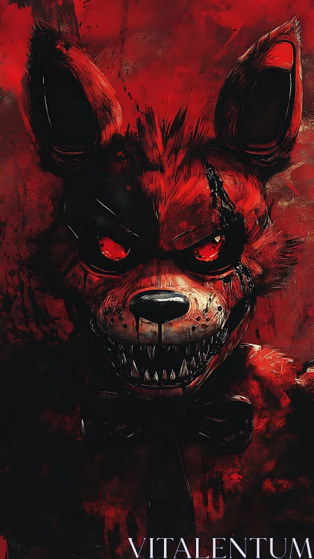 Predatory red animatronic grins inside splattered nightmare.