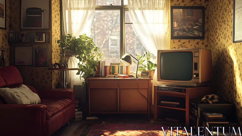 Photorealistic retro living room with warm window light focus.