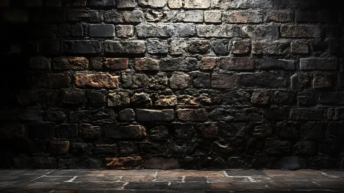 Textured dark brick wall with spotlighted stone surface.