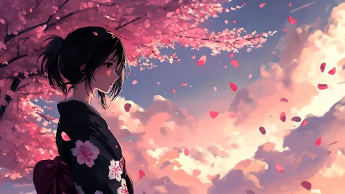 Girl in sakura twilight, drifting petals and quiet dreams.