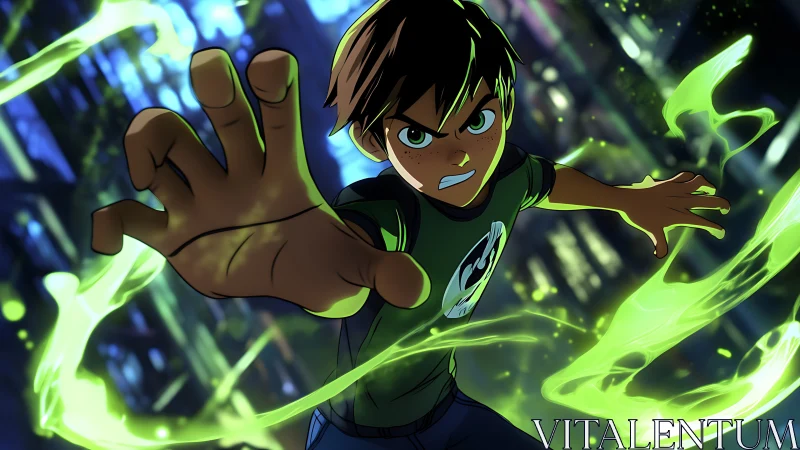 Animated boy extends hands as green energy swirls forward