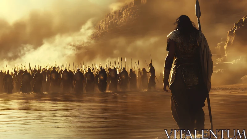 Warrior leads armed army across misty desert shoreline.