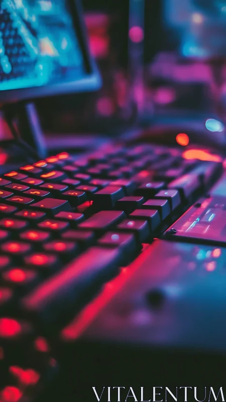 Neon-lit gaming keyboard glows softly in a cozy tech nook