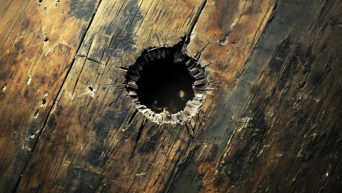 Large damaged hole in rustic wooden surface, close-up detail.
