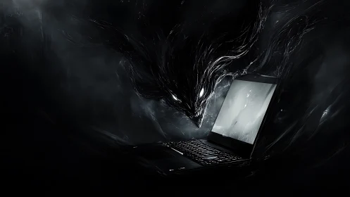 Liquid-shadow specter slips from a glowing laptop portal