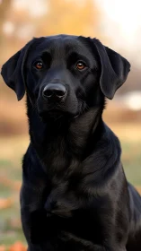 Gleaming black labrador portrait in soft autumn light.
