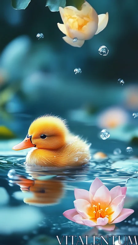 Digital painting of duckling amid waterlilies in soft bokeh focus.