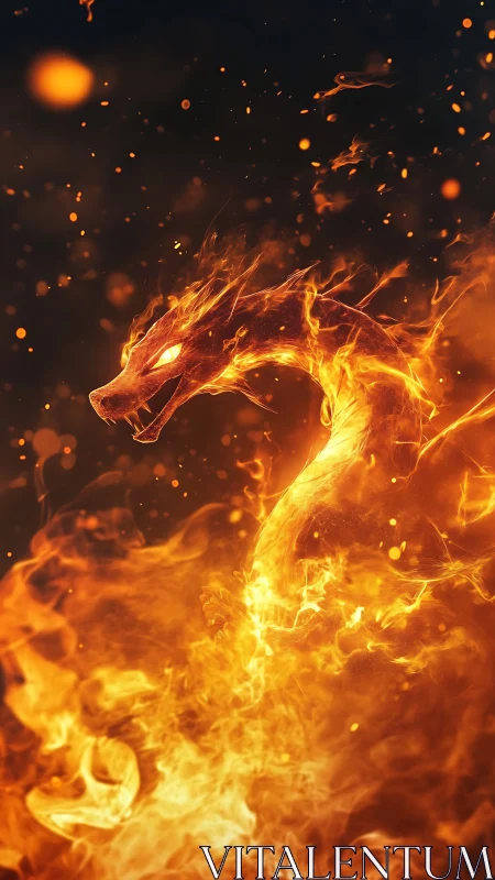 Fiery dragon silhouette emerges from swirling inferno flames