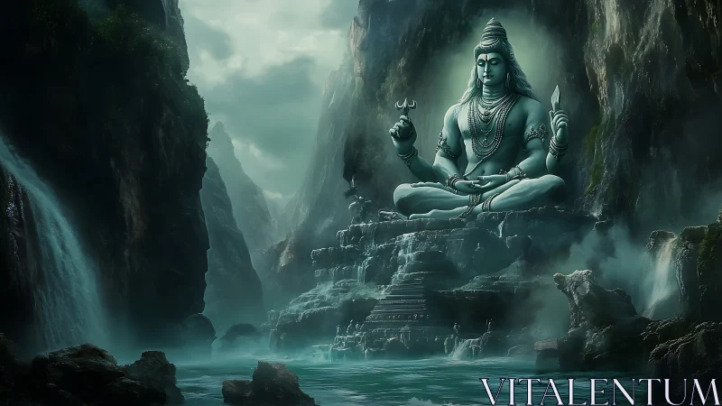 Digital rendering shows large seated deity statue in canyon
