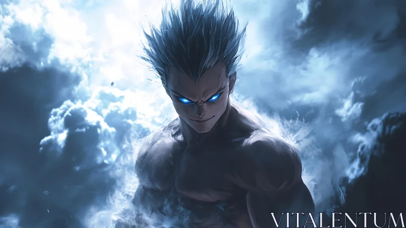 Storm-eyed anime warrior rising from swirling clouds.