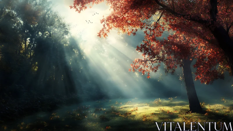 Sunlit autumn grove where morning mist hums softly.