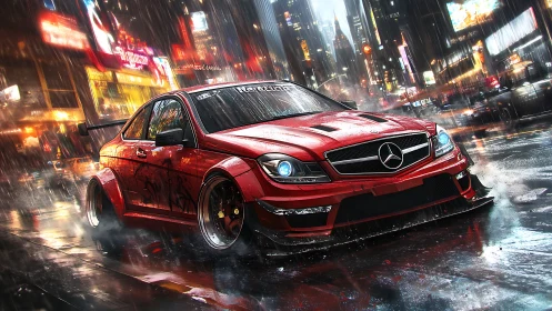 Red tuner Mercedes drifting through neon city rainstorm.