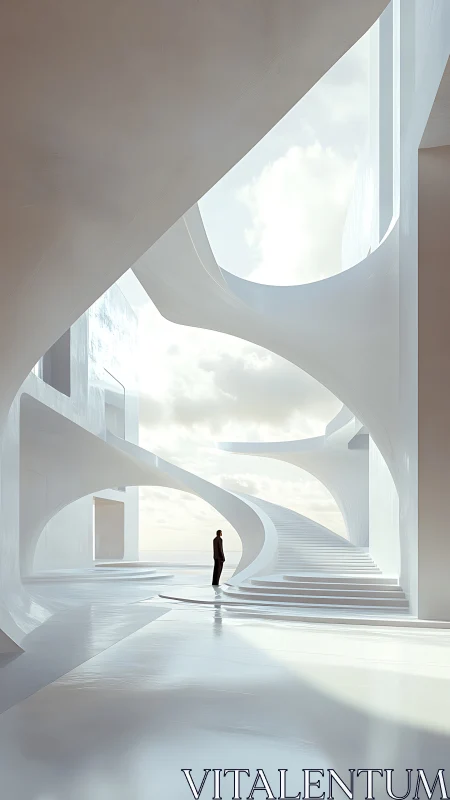 Minimalist White Interior with Curved Architecture and Sky