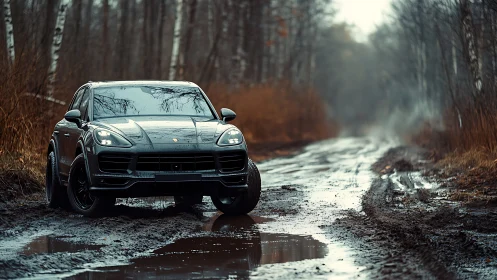 High-gloss SUV stands on muddy forest track in overcast light