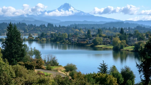 Lakeside suburb dreaming beneath a distant snow crown.