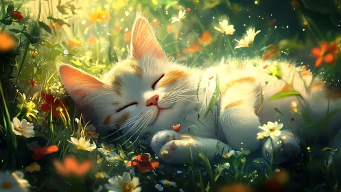 White Feline Resting Among Wildflowers in Luminous Garden Setting.