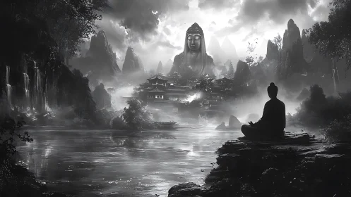 Monochrome river valley with seated figure and large statue.