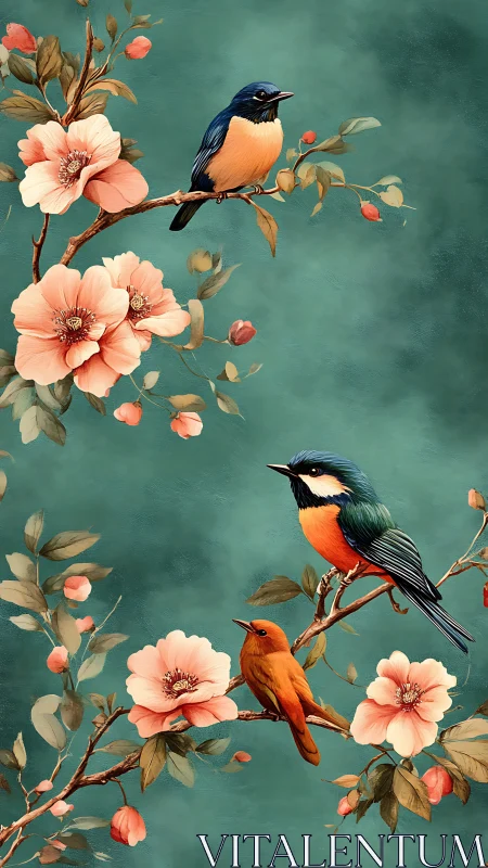 Songbirds perch amid stylized blossoms on teal ground