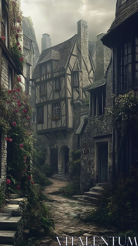Medieval stone alley curves through ivy-clad timber houses.